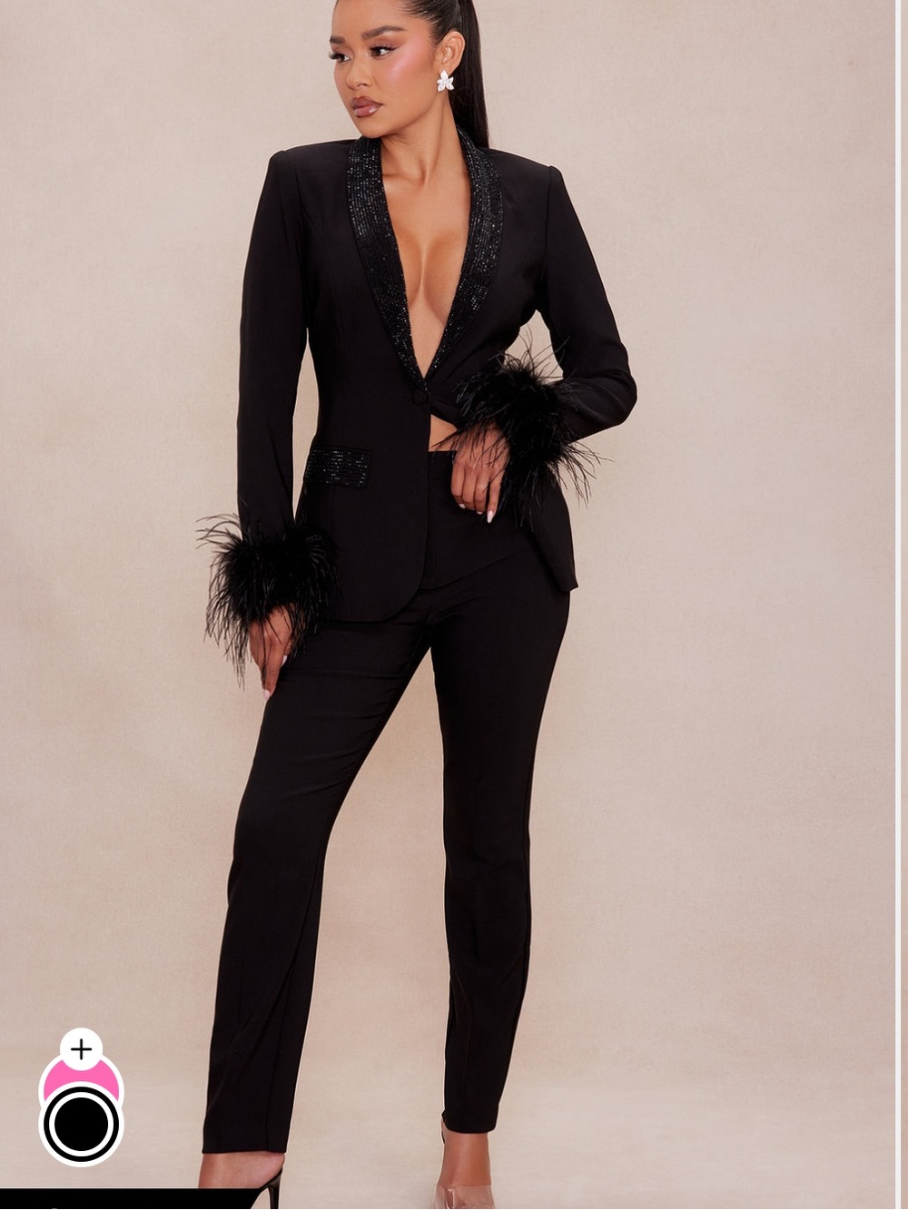 Fashion Nova - Embellished Feather Blazer Suit Suit - Black